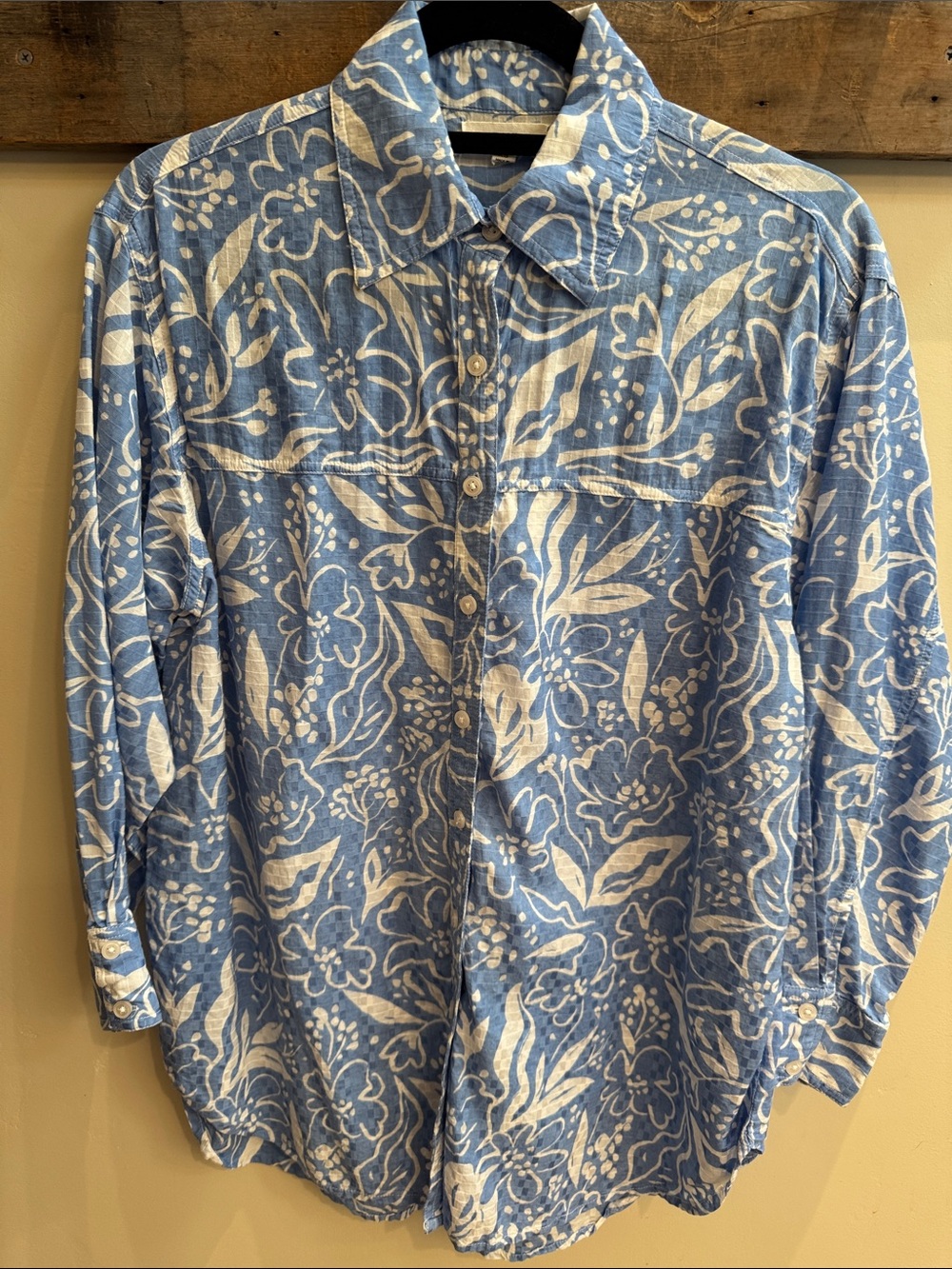 RAHI Blue & White Floral Print Oversized Button-Up Shirt